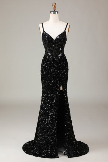 Sparkly Black Corset Sequins Long Mirror Formal Dress with Slit